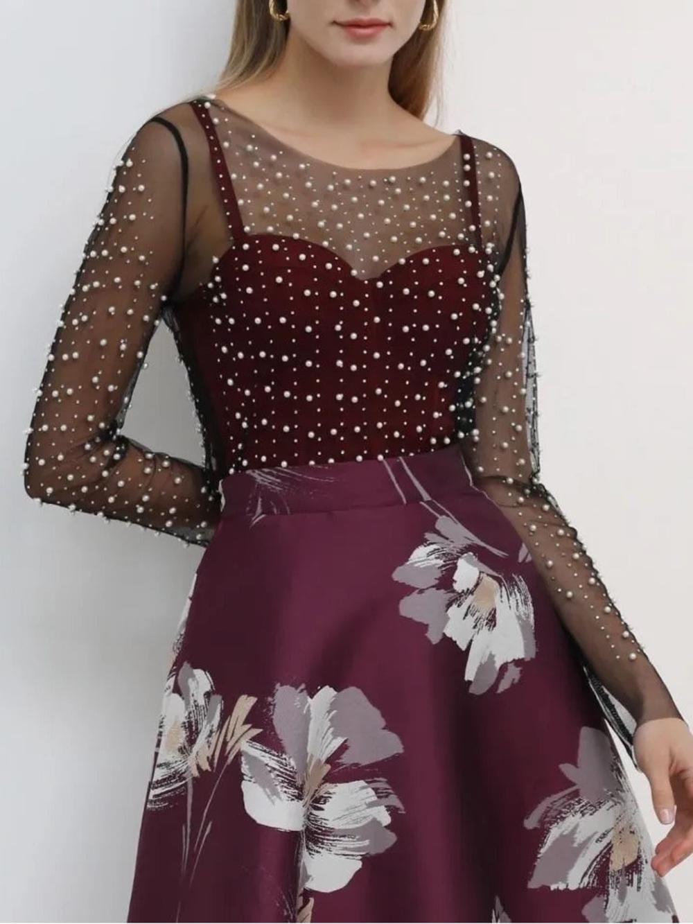 Chicwish Full Pearl & Rhinestone Embellished Sheer Mesh Top In Black L